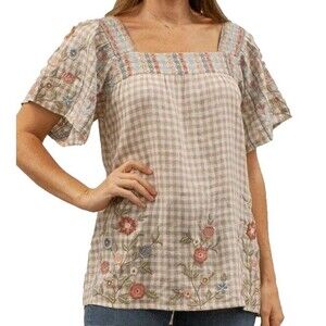 Karyn Seo Georgia Flax Gingham Embroidered Linen Tunic size S NWT Square Neck